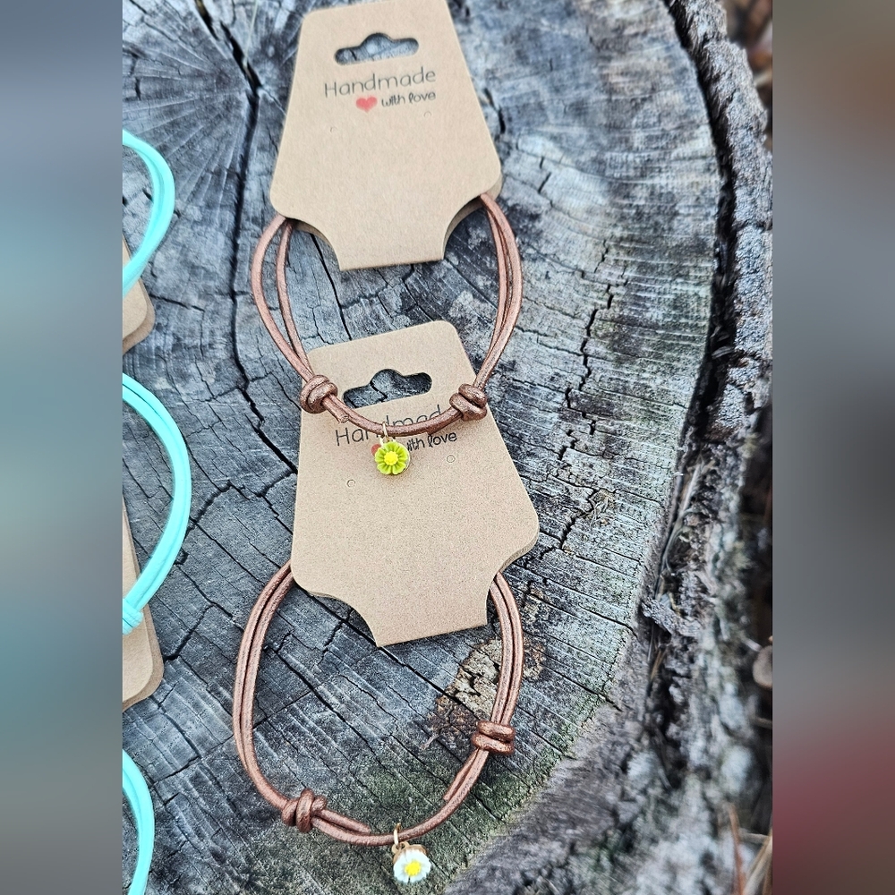 Bronze Leather Adjustable Bracelet, Choose White or Green Flower Charm 1 size